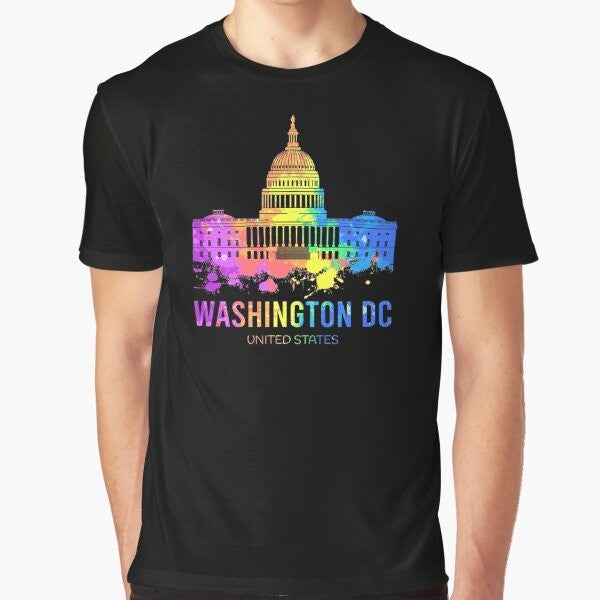 Watercolor painting of the Washington DC skyline, featuring the US Capitol building and other iconic landmarks, on a graphic t-shirt.