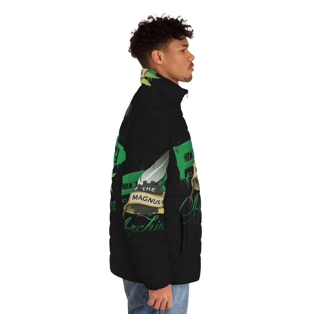 The Magnus Archives logo puffer jacket featuring the iconic cog and banner design - men side right