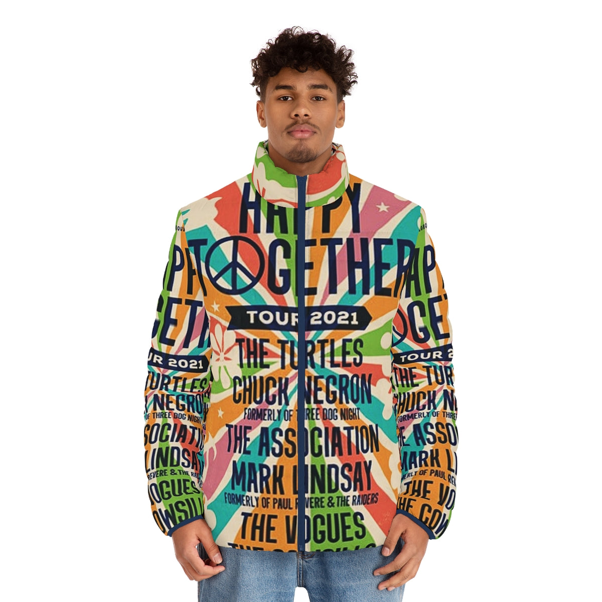 The Happy Together Tour 2021 Puffer Jacket, featuring a cozy design perfect for music festivals and outdoor adventures - men front