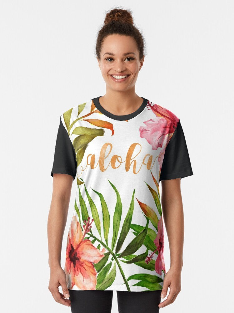 Tropical Hawaiian floral watercolor graphic t-shirt with palm leaves, flowers, and typography - Women