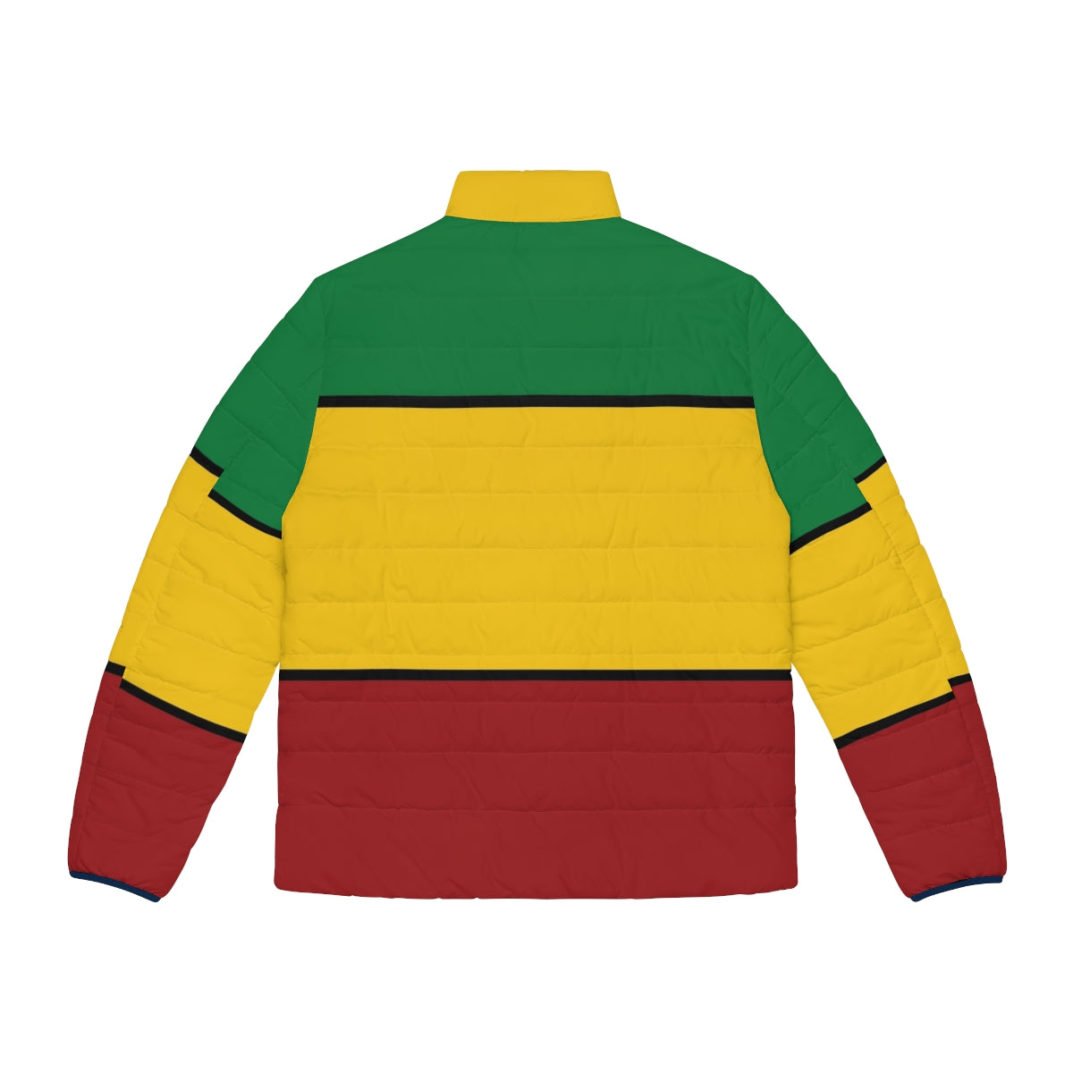 Rasta puffer jacket with stripes in the colors of the Rastafarian flag - Back