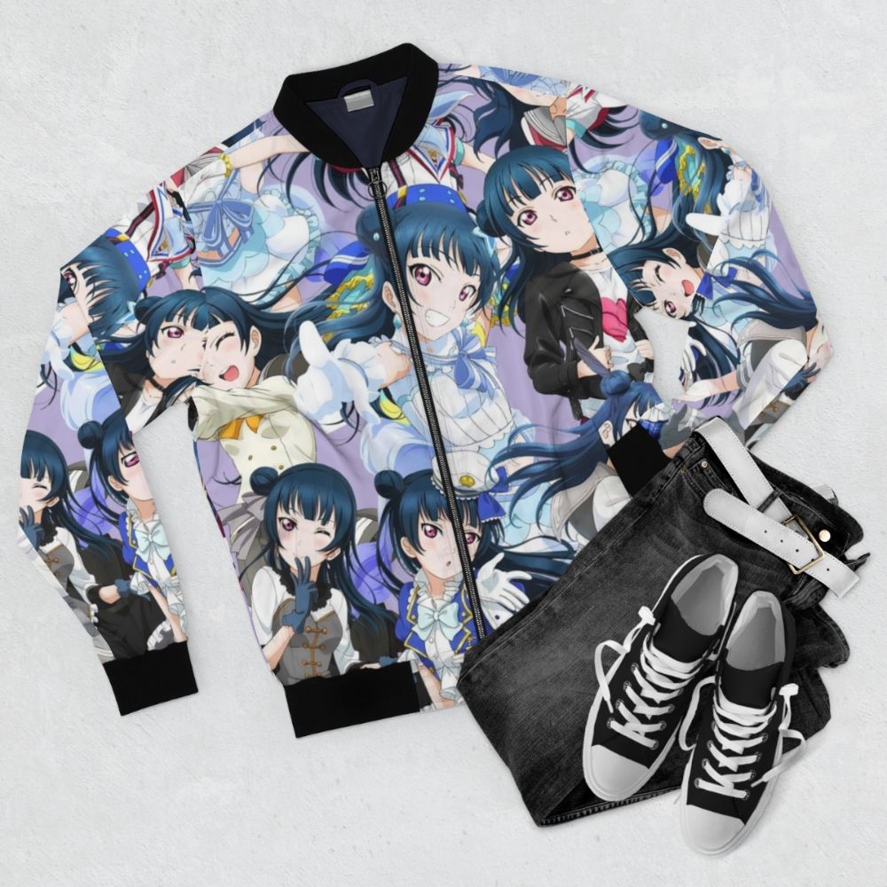 Yohane Tsushima Love Live Sunshine Bomber Jacket with anime character design - Flat lay