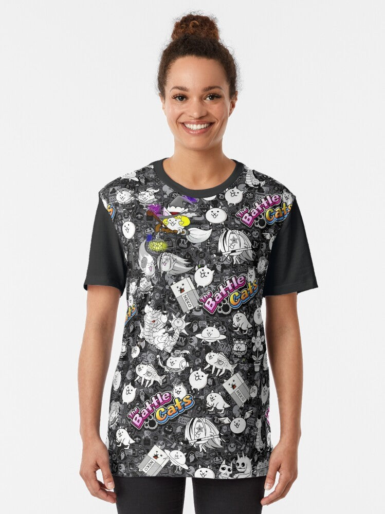 Battle Cats Graphic T-Shirt featuring a cute, kawaii cat design for gamers - Women