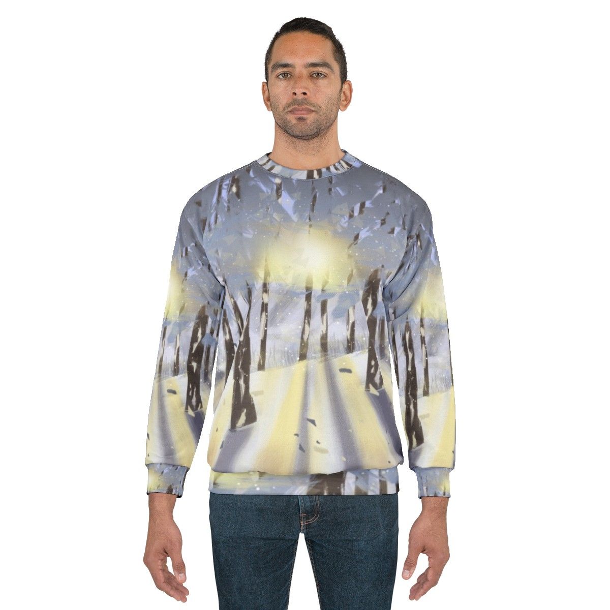 Cozy nature-inspired winter sweatshirt with forest and snow scene - men