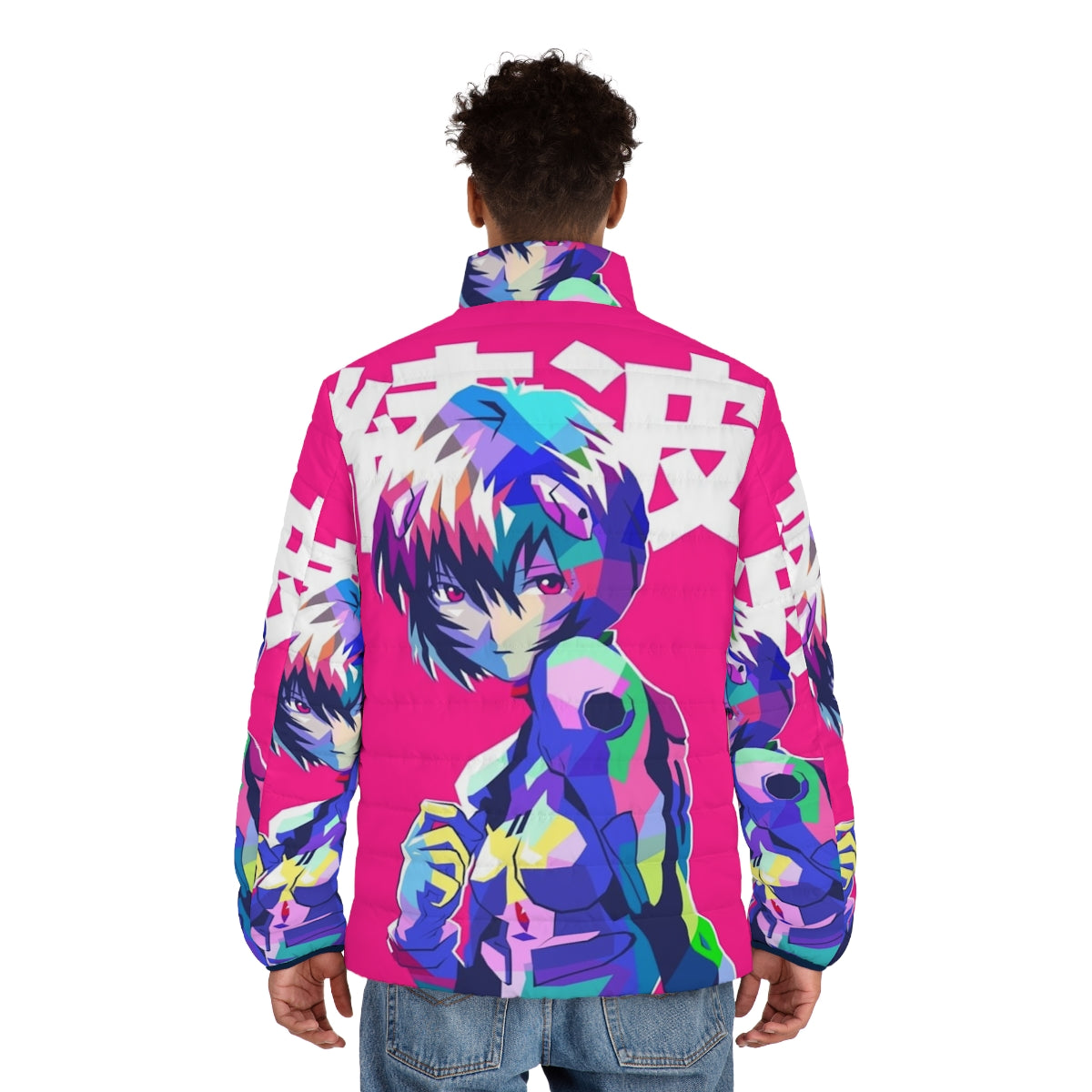 Rei Ayanami inspired puffer jacket with anime aesthetic design - men back