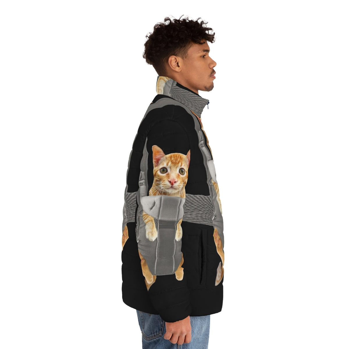 Orange cat in a baby carrier wearing a puffer jacket - men side right