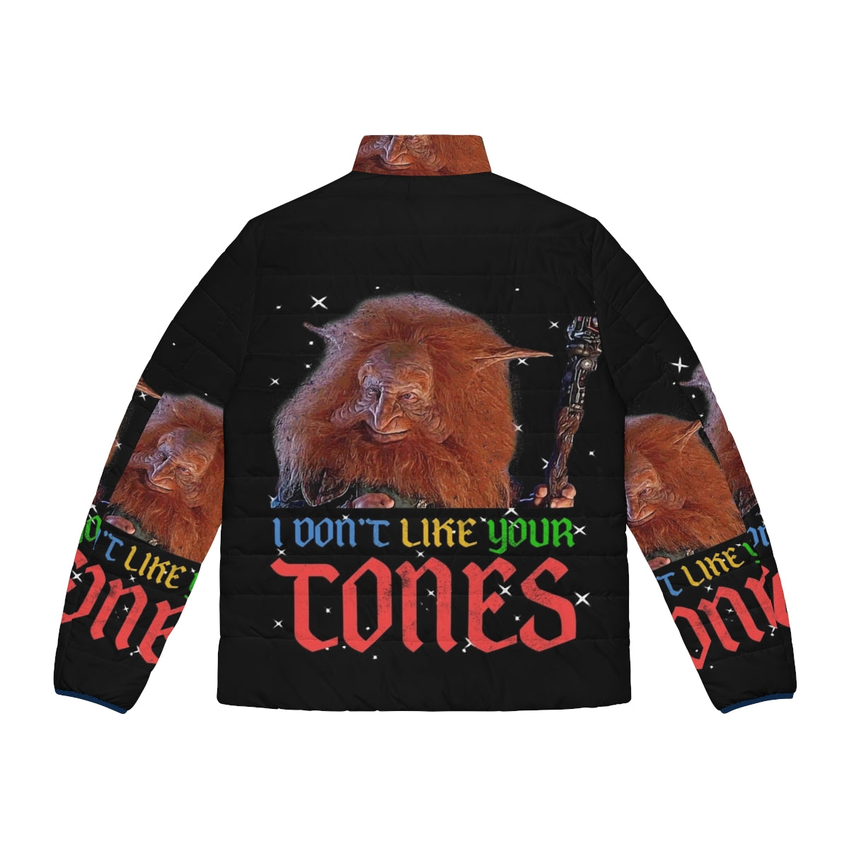 Vibrant 80s "I Don't Like Your Tone" puffer jacket inspired by Masters of the Universe - Back