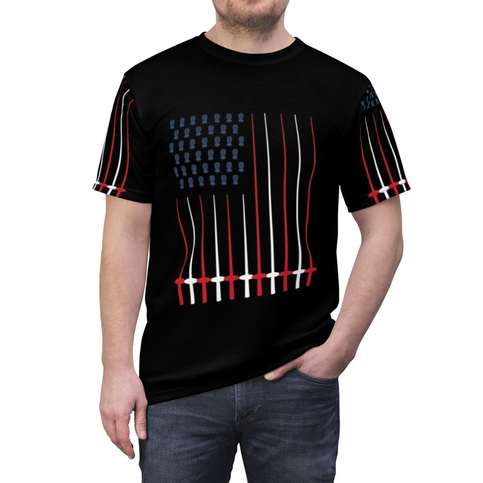 Patriotic fencing-themed graphic design on a white t-shirt - men front