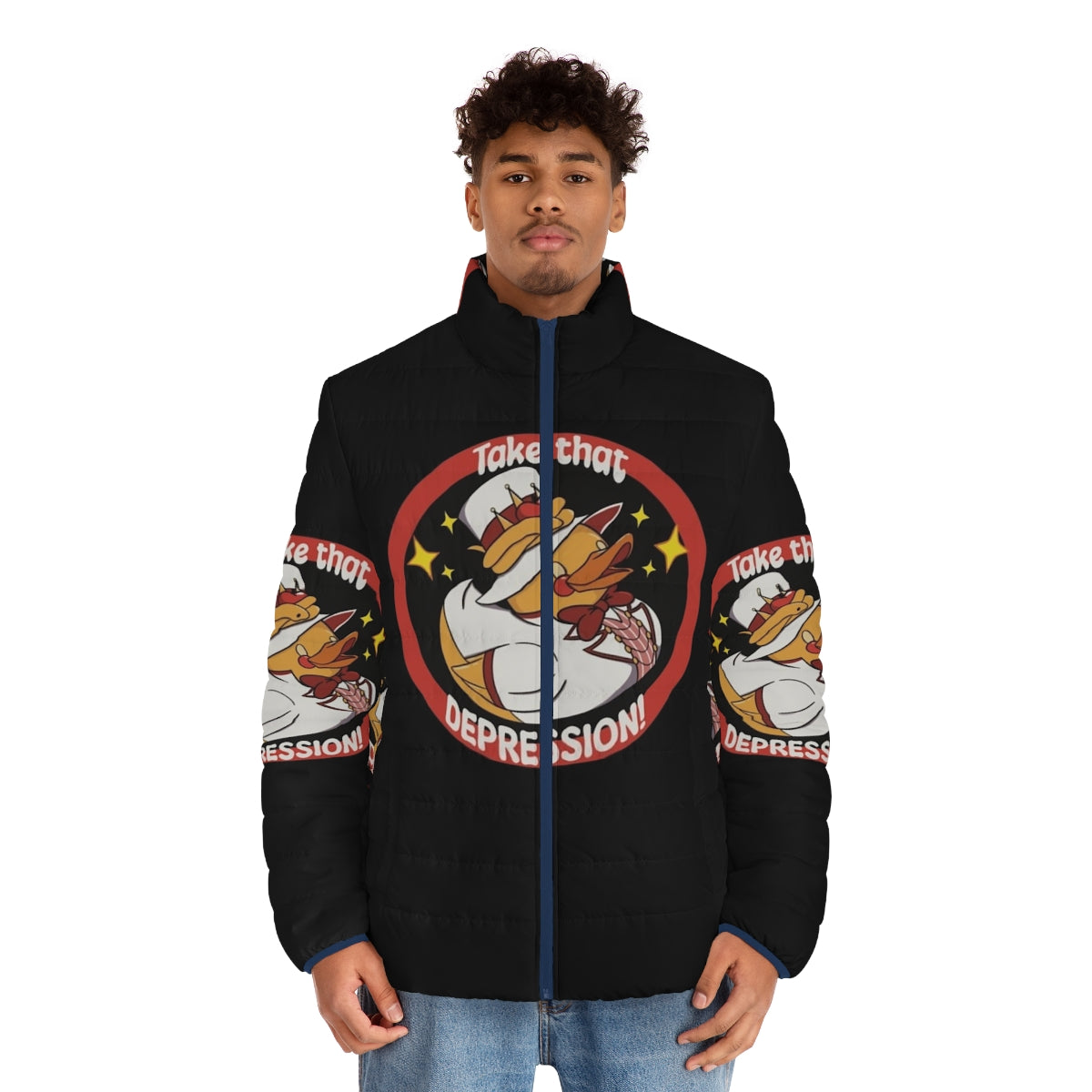 Hazbin Hotel Inspired Puffer Jacket with Lucifer, Alastor, and Angel Dust Graphics - men front