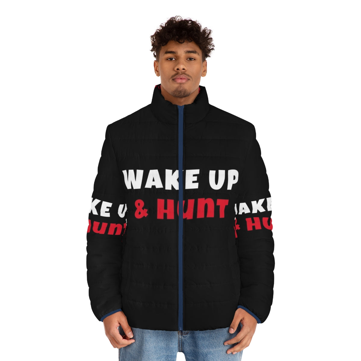 Puffer jacket with "Wake Up and Hunt" design, featuring outdoor activities and hobbies - men front