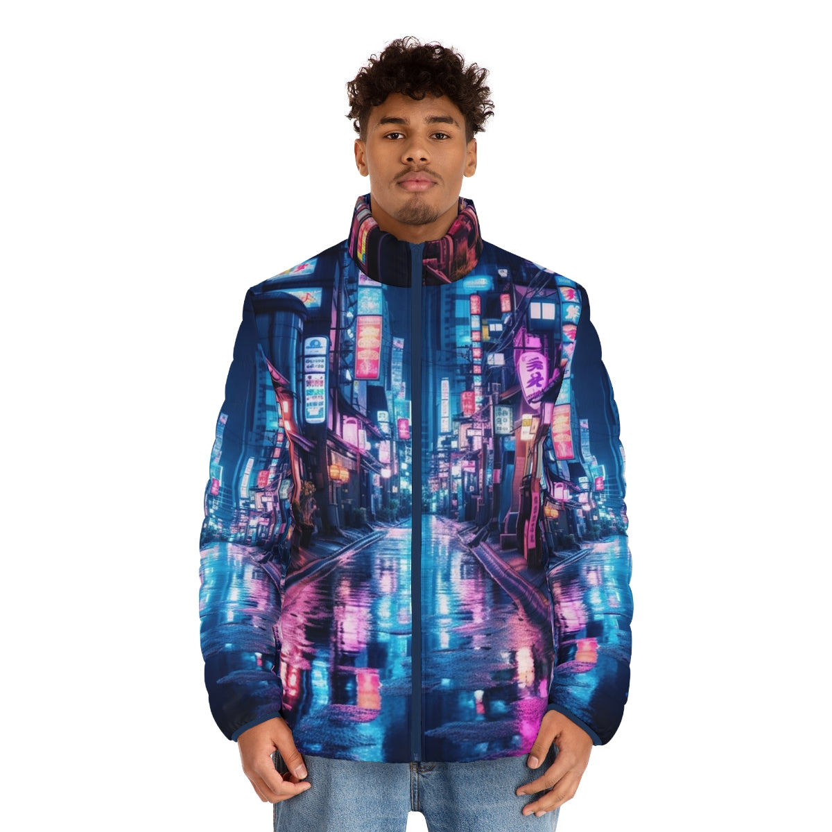 Tokyo neon puffer jacket featuring a cyberpunk-inspired design with bright lights and urban cityscape - men front