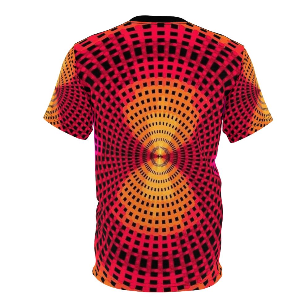 A t-shirt featuring a vibrant, concentric circle pattern in a modern, abstract design. - Back