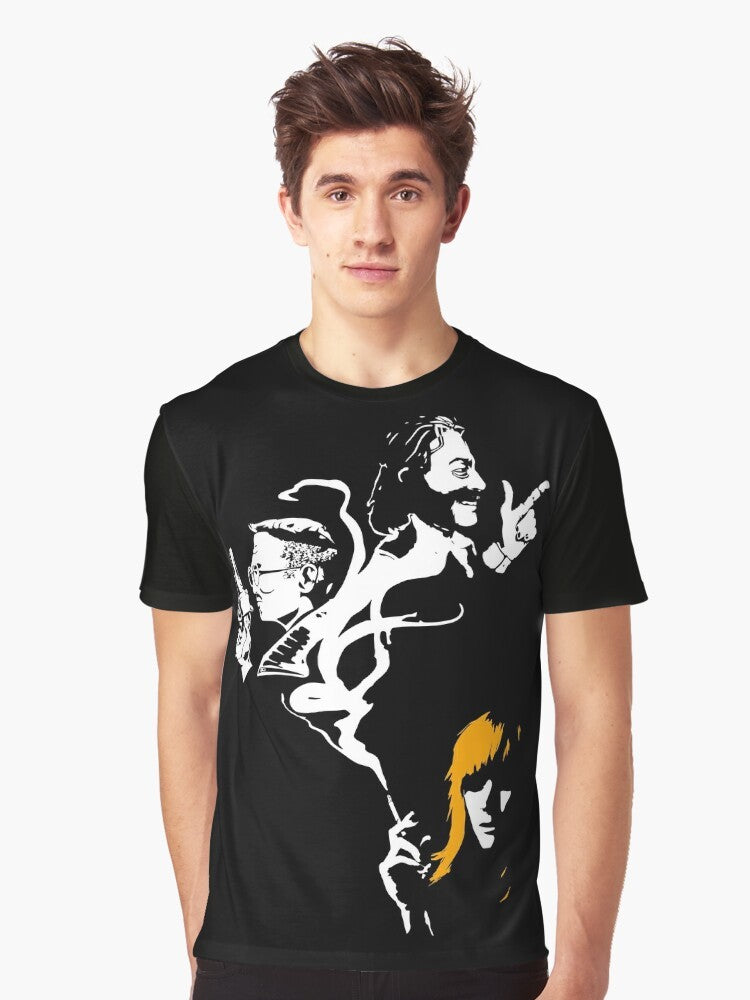 Disco Elysium noir-inspired graphic t-shirt featuring moody, black and smoke design with key characters like Harrier Du Bois, Kim Kitsuragi, and Harry. - Men