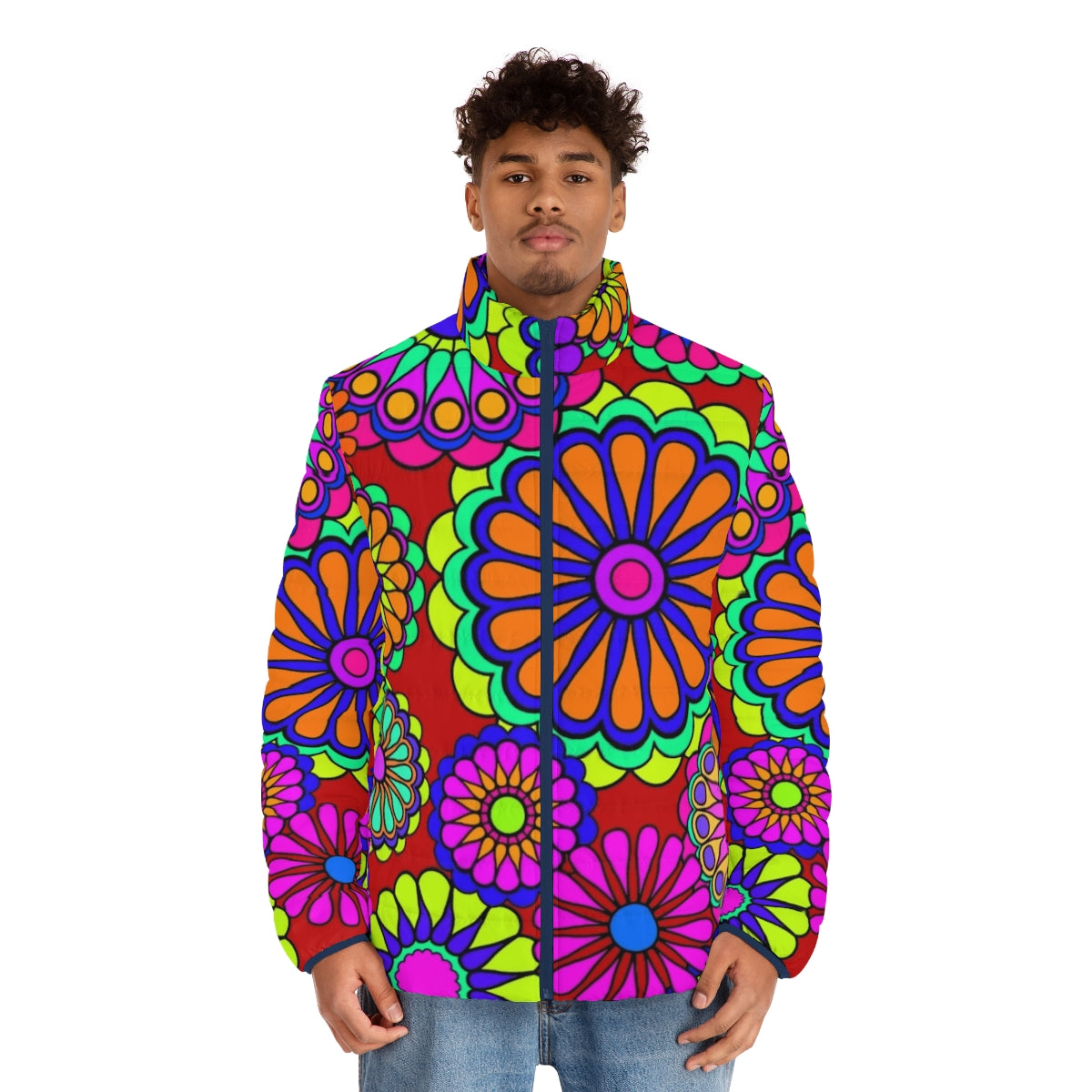 Retro floral puffer jacket with vibrant 1960s inspired design - men front