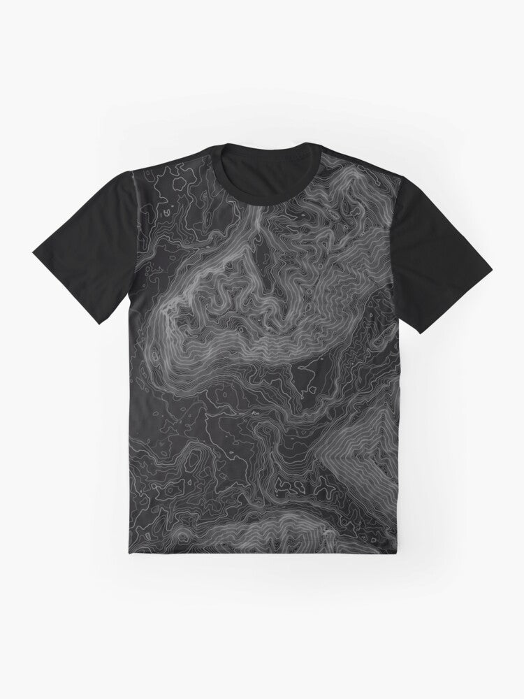 A graphic t-shirt featuring a topographical map design of the North Bend, Washington area. - Flat lay