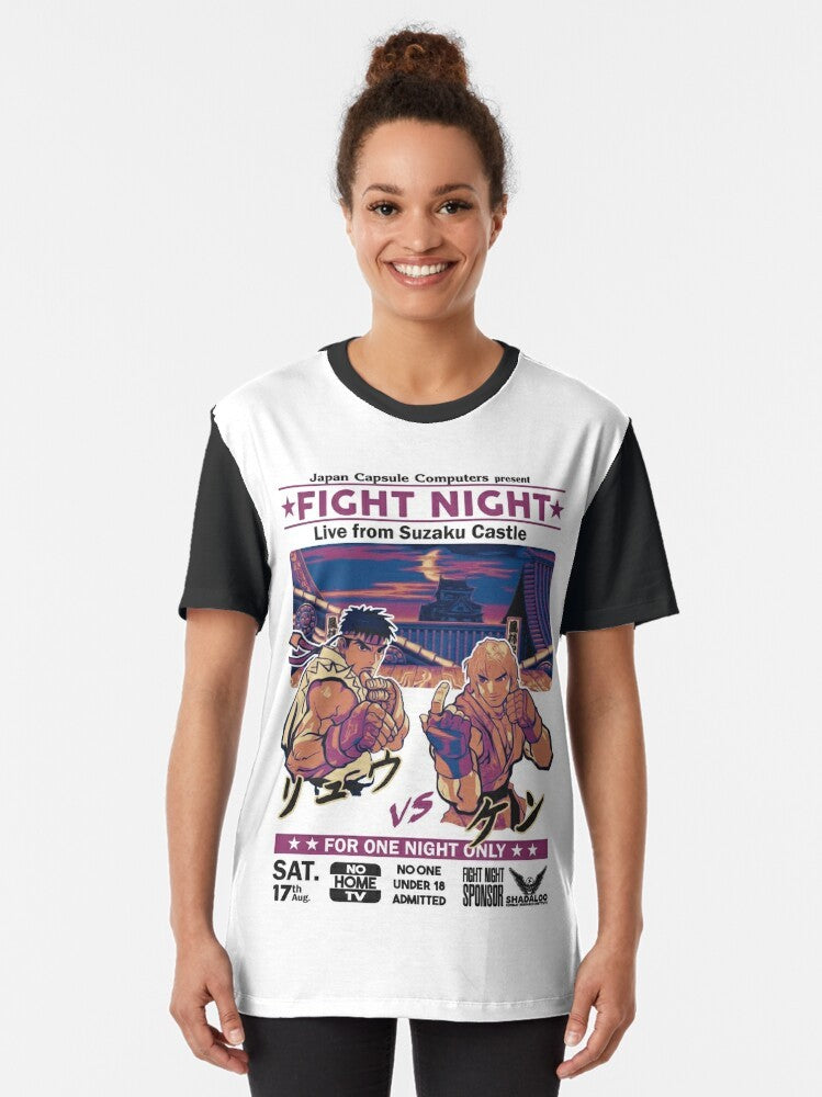 Retro Street Fighter graphic t-shirt with characters like Ryu, Ken, Chun-Li, and Akuma. - Women