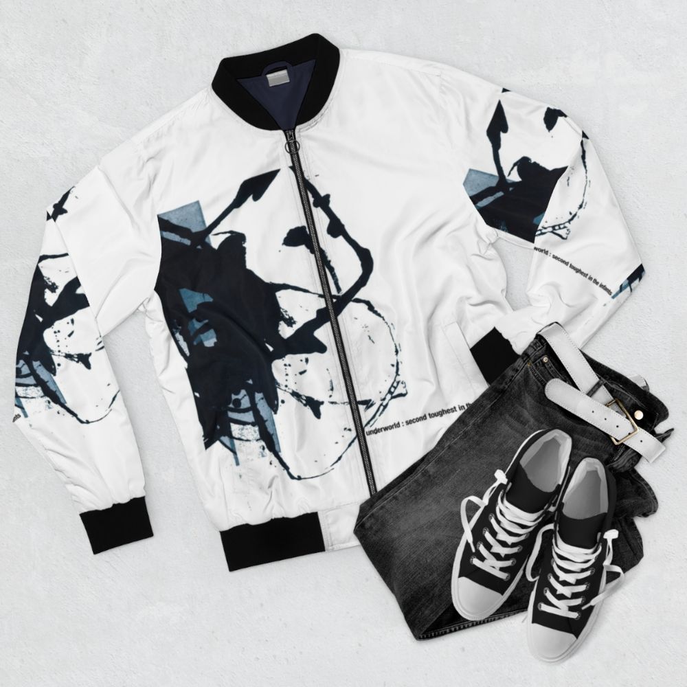 Underworld-inspired bomber jacket with a music-inspired design - Flat lay