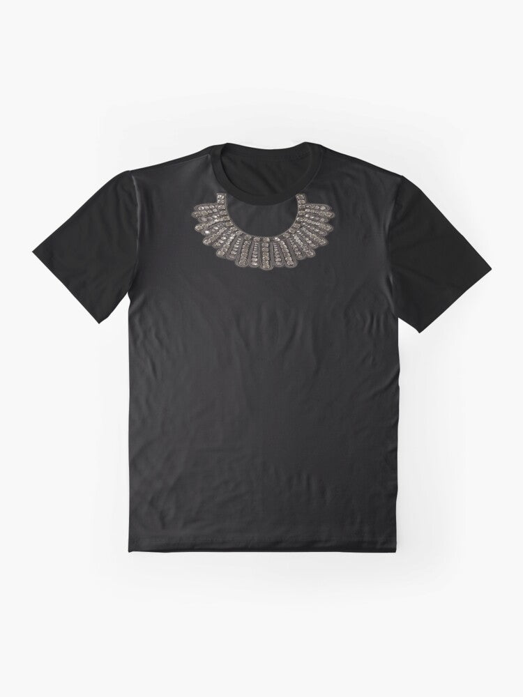 Graphic t-shirt featuring the iconic dissent collar of Ruth Bader Ginsburg, the renowned Supreme Court Justice and feminist icon. - Flat lay