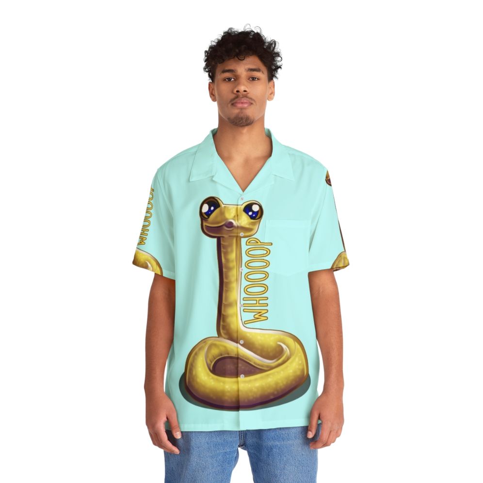 Whooping snake themed hawaiian shirt with bright yellow and green colors - People Front