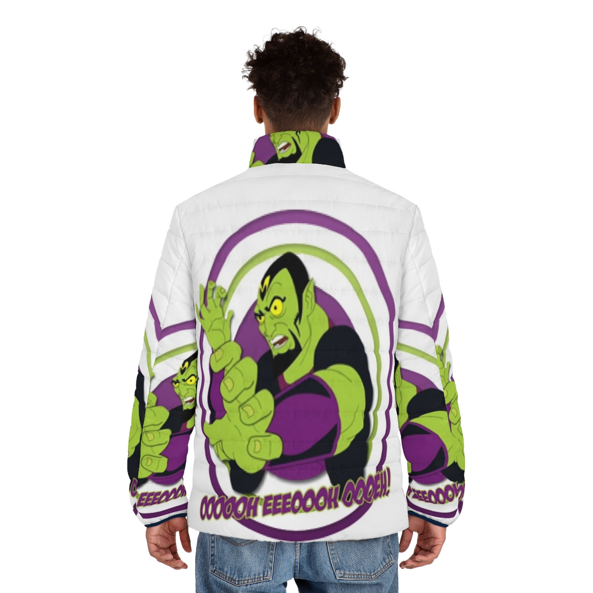 Man wearing a puffer jacket with Adult Swim cartoon characters - men back