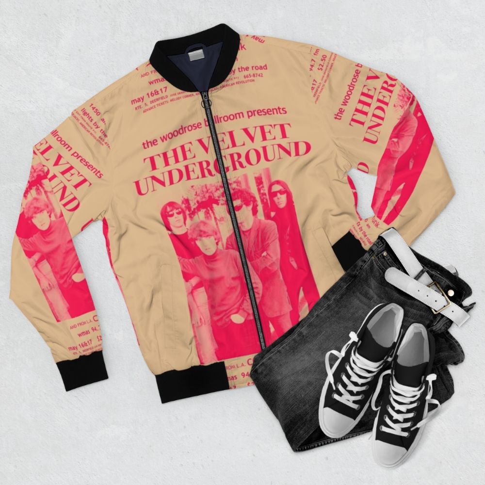 Vintage Velvet Underground 1960s promo poster bomber jacket with psychedelic colors and graphics - Flat lay