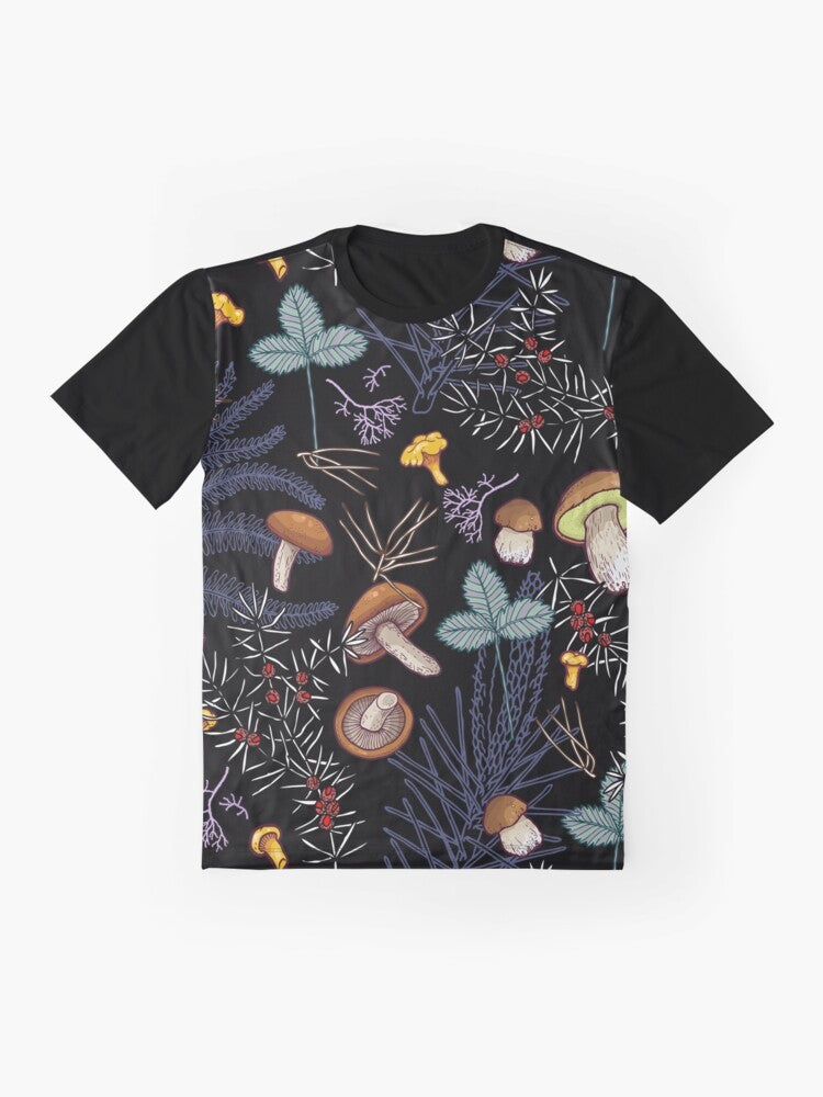 Dark forest mushrooms graphic design on a t-shirt - Flat lay