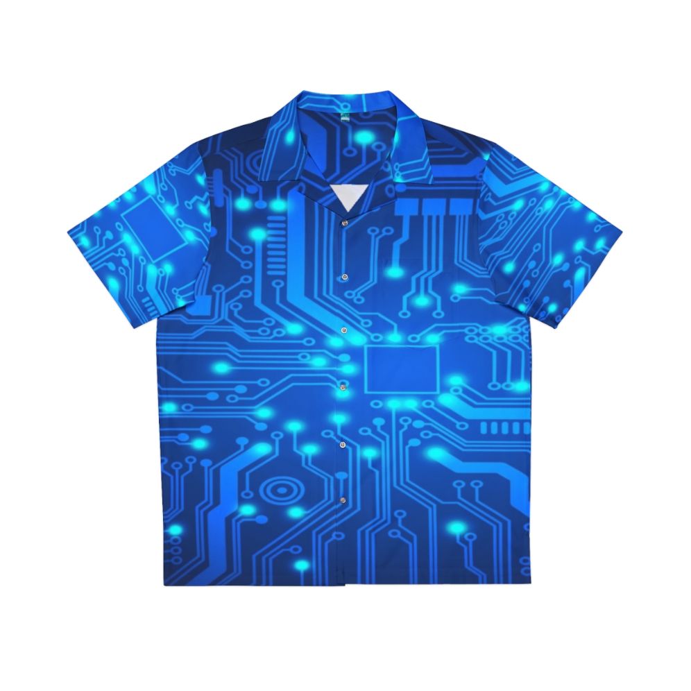 Electronic circuit Hawaiian shirt with colorful tropical patterns