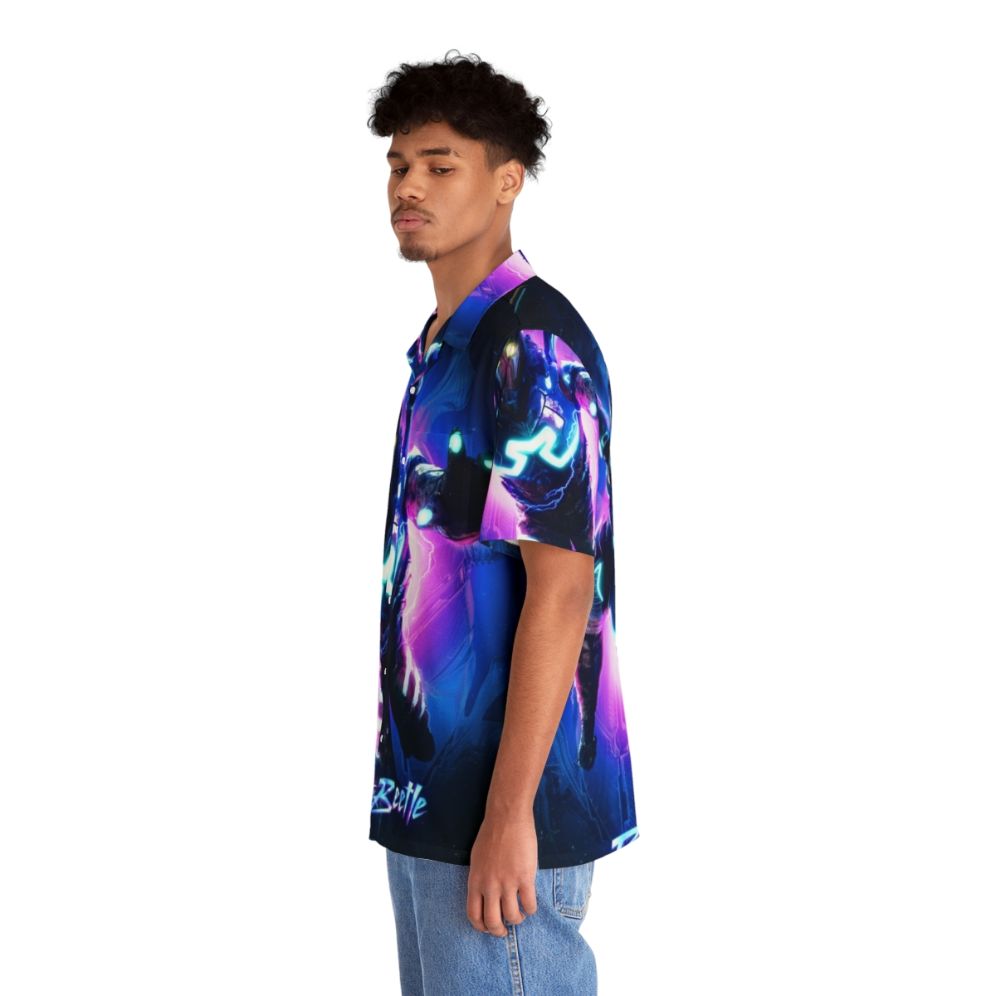 Blue Beetle Hawaiian Shirt with Young Superhero Design - People Left