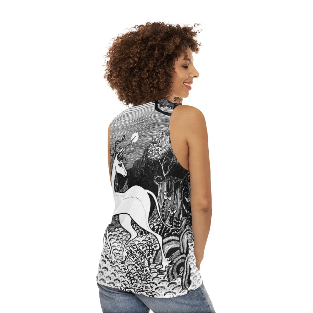 The Last Unicorn fantasy art graphic tee for unisex - women back