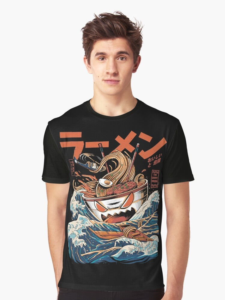 Anime-style t-shirt featuring a retro Japanese ramen and kaiju monster graphic design in blue, orange, and black. - Men