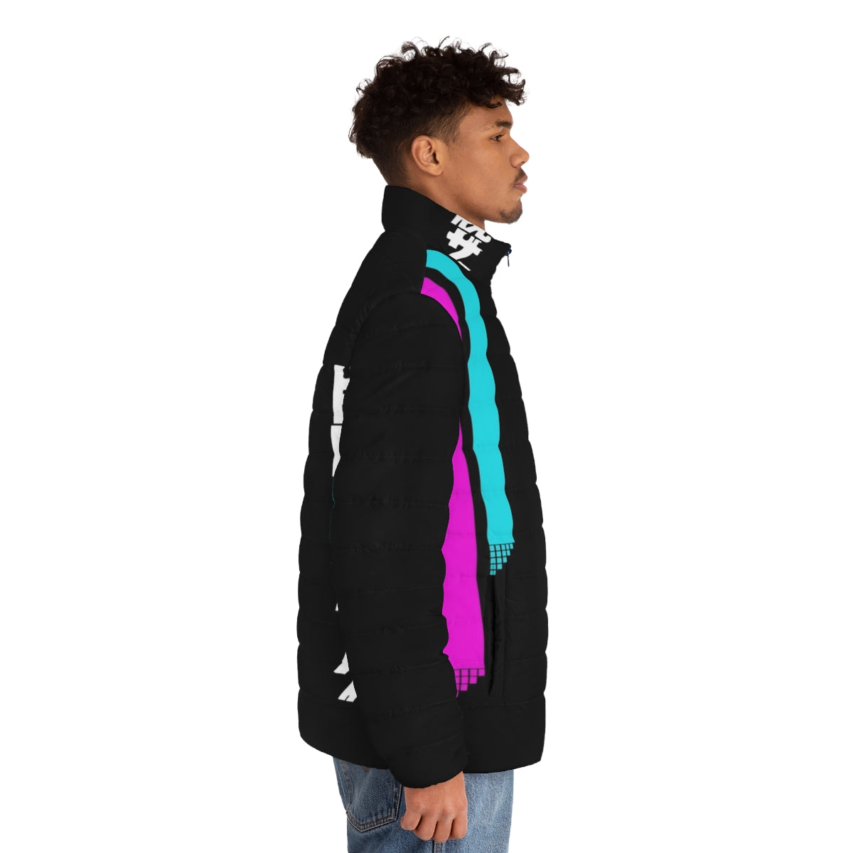 A vibrant 1980s-inspired puffer jacket with a vaporwave aesthetic design - men side right