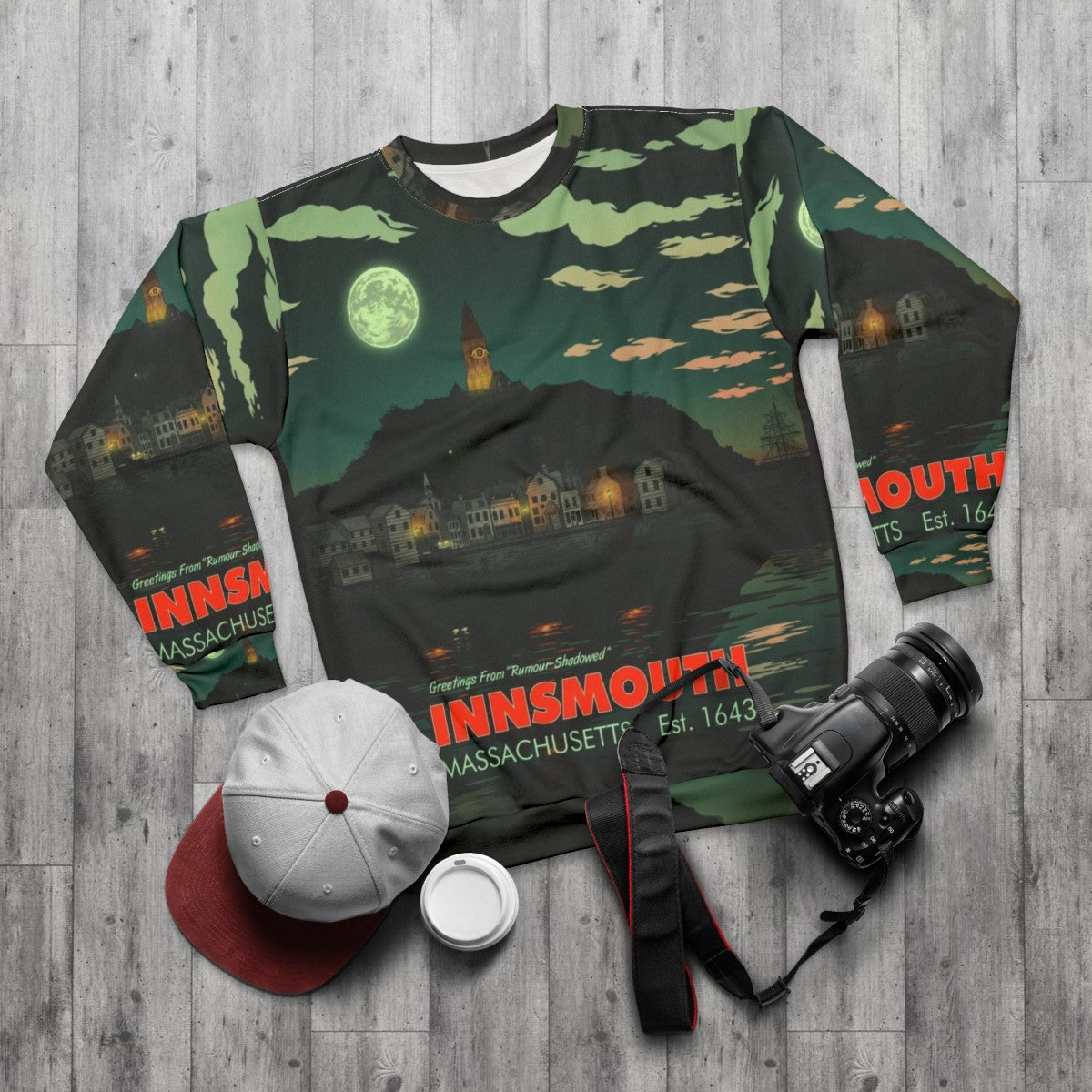 Innsmouth, Massachusetts Lovecraft Horror Sweatshirt - flat lay