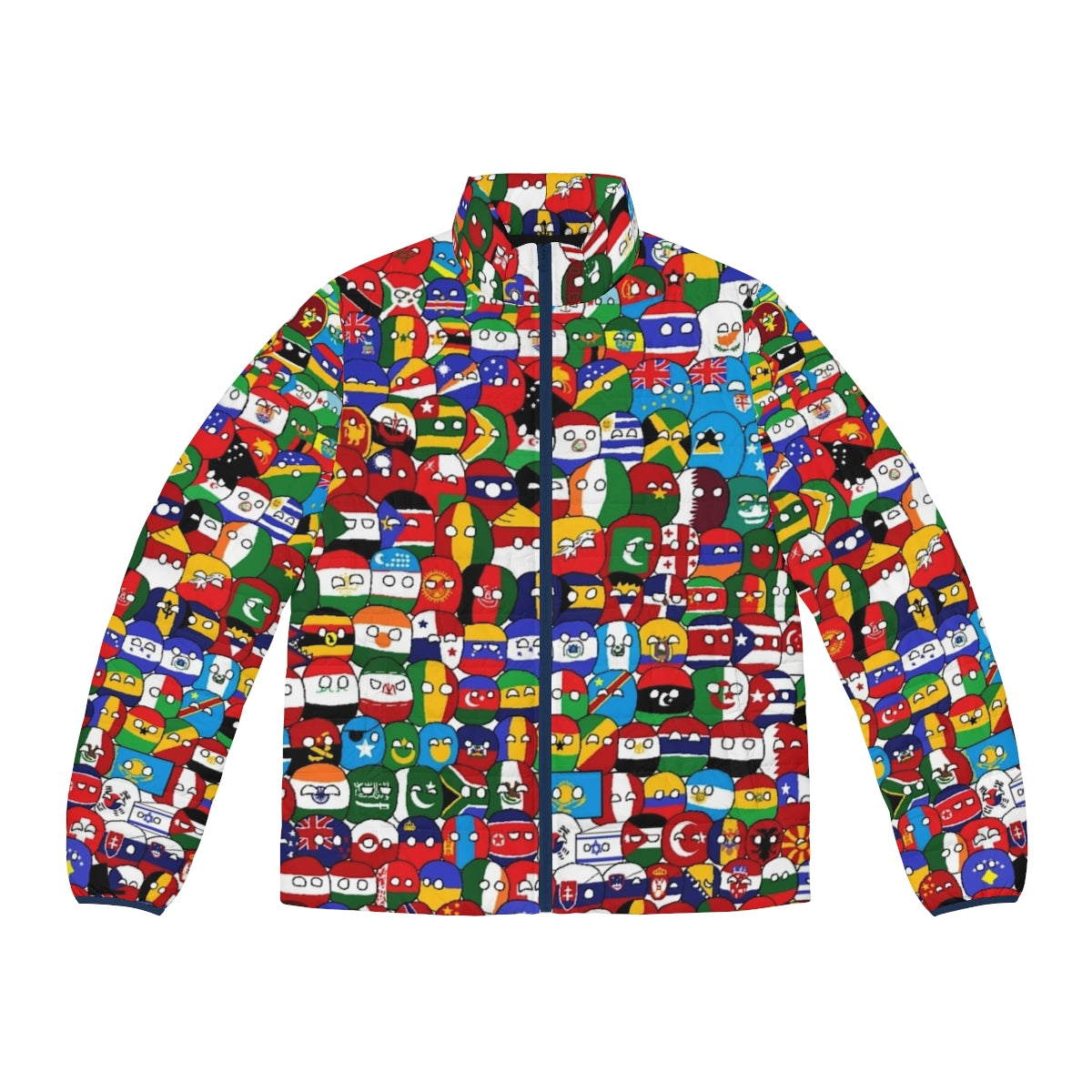 Puffer jacket with colorful countryball designs representing the globe and world countries