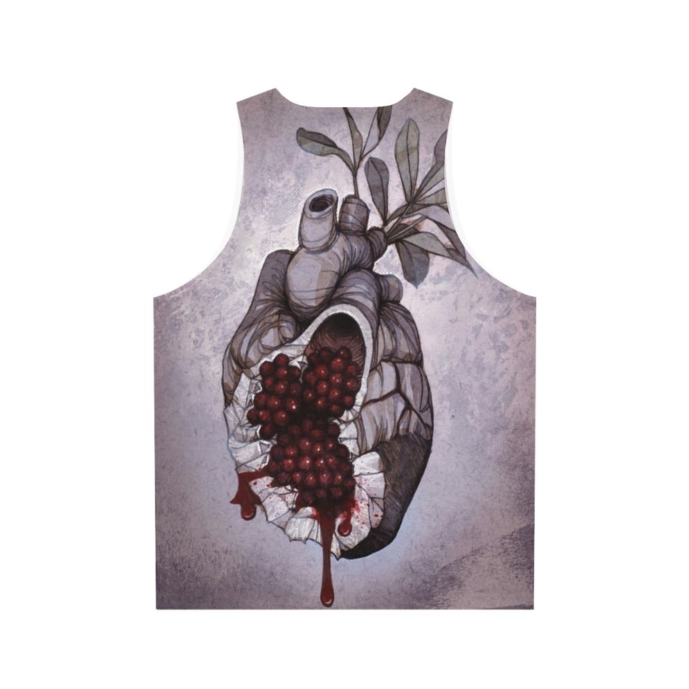 Unisex tank top featuring an anatomical heart design with pomegranate elements based on the Greek mythology of Hades and Persephone - Back