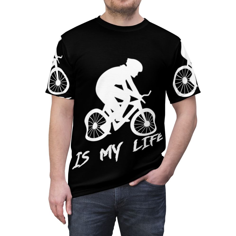 Stylish cycling t-shirt featuring a unique all-over print design for cycling enthusiasts. - men front