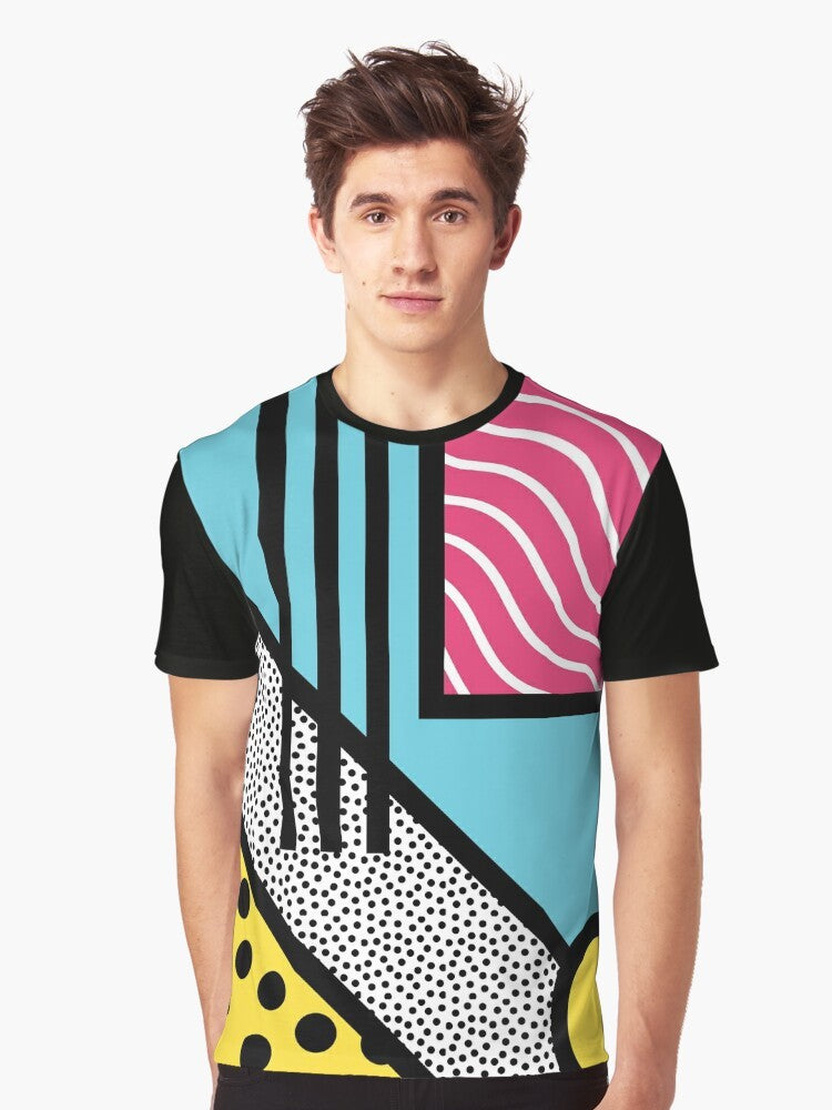 Vibrant abstract graphics in a retro 80s Memphis pop art style on a graphic t-shirt - Men