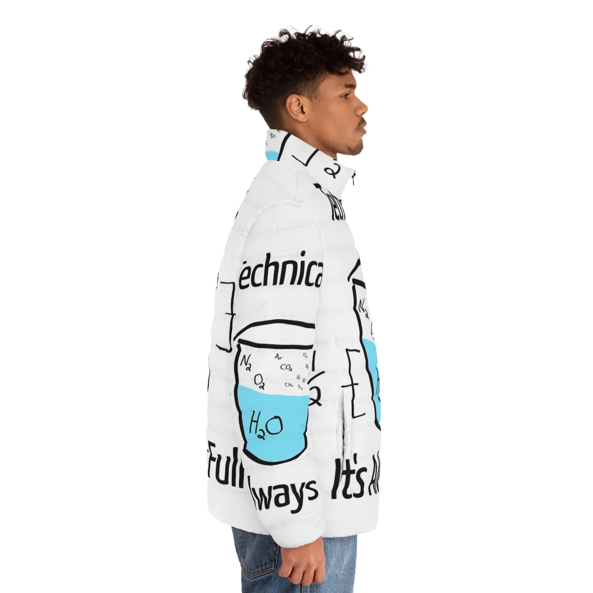 Optimistic Science Puffer Jacket with Molecules and Geeky Designs - men side right