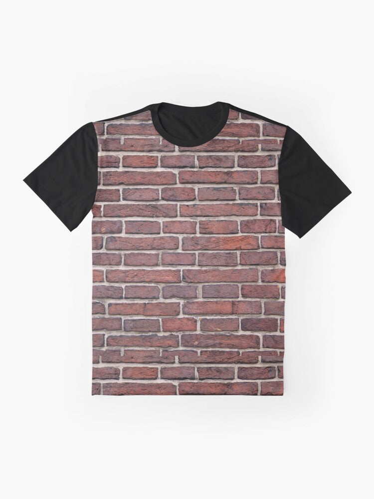 Brick wall graphic t-shirt with a solid, textured masonry pattern in red and grunge tones - Flat lay