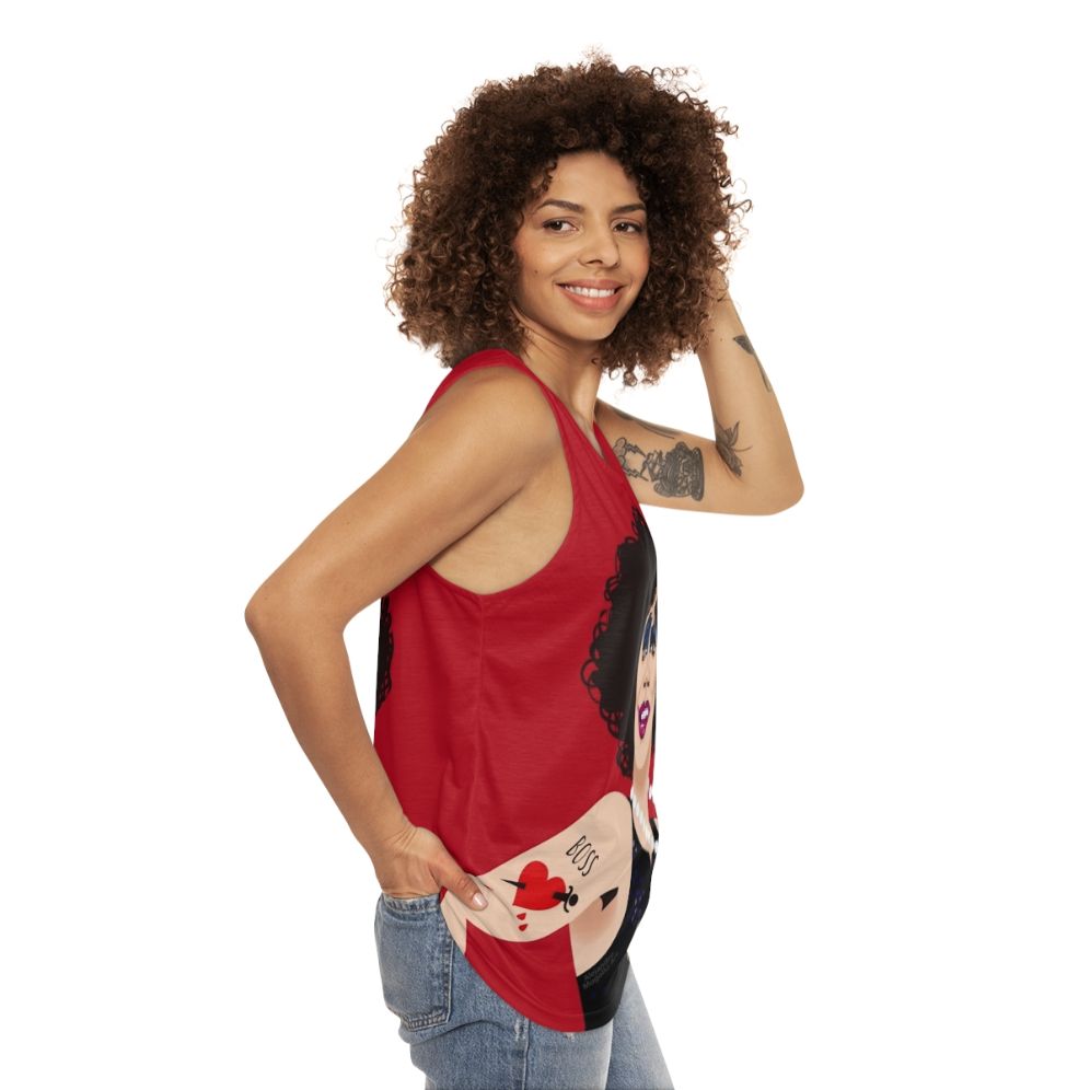 Antici Pation Unisex Tank Top Graphic Tee - women side