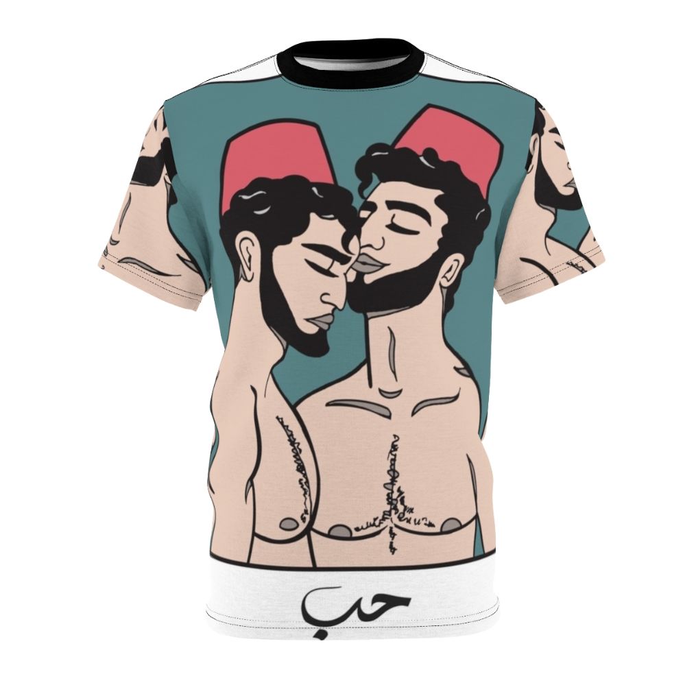 Colorful illustration of young men on a t-shirt design celebrating gay Arab culture