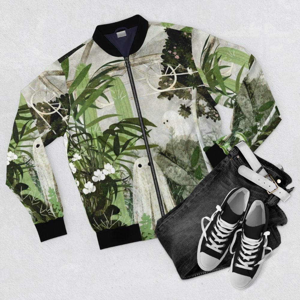 Haunted greenhouse ghost bomber jacket with nature, flowers, and plants - Flat lay