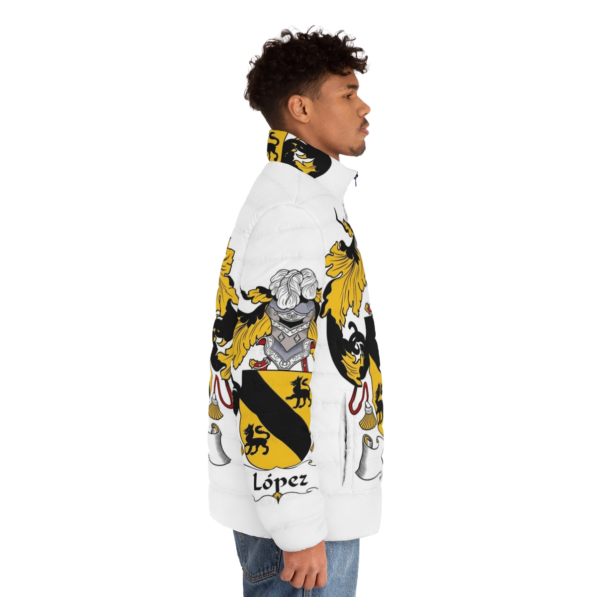 Lopez Coat of Arms Family Crest Puffer Jacket featuring a Spanish heritage design - men side right