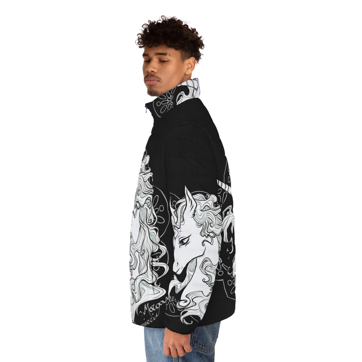 The Last Unicorn Black Puffer Jacket featuring a majestic unicorn design - men side left