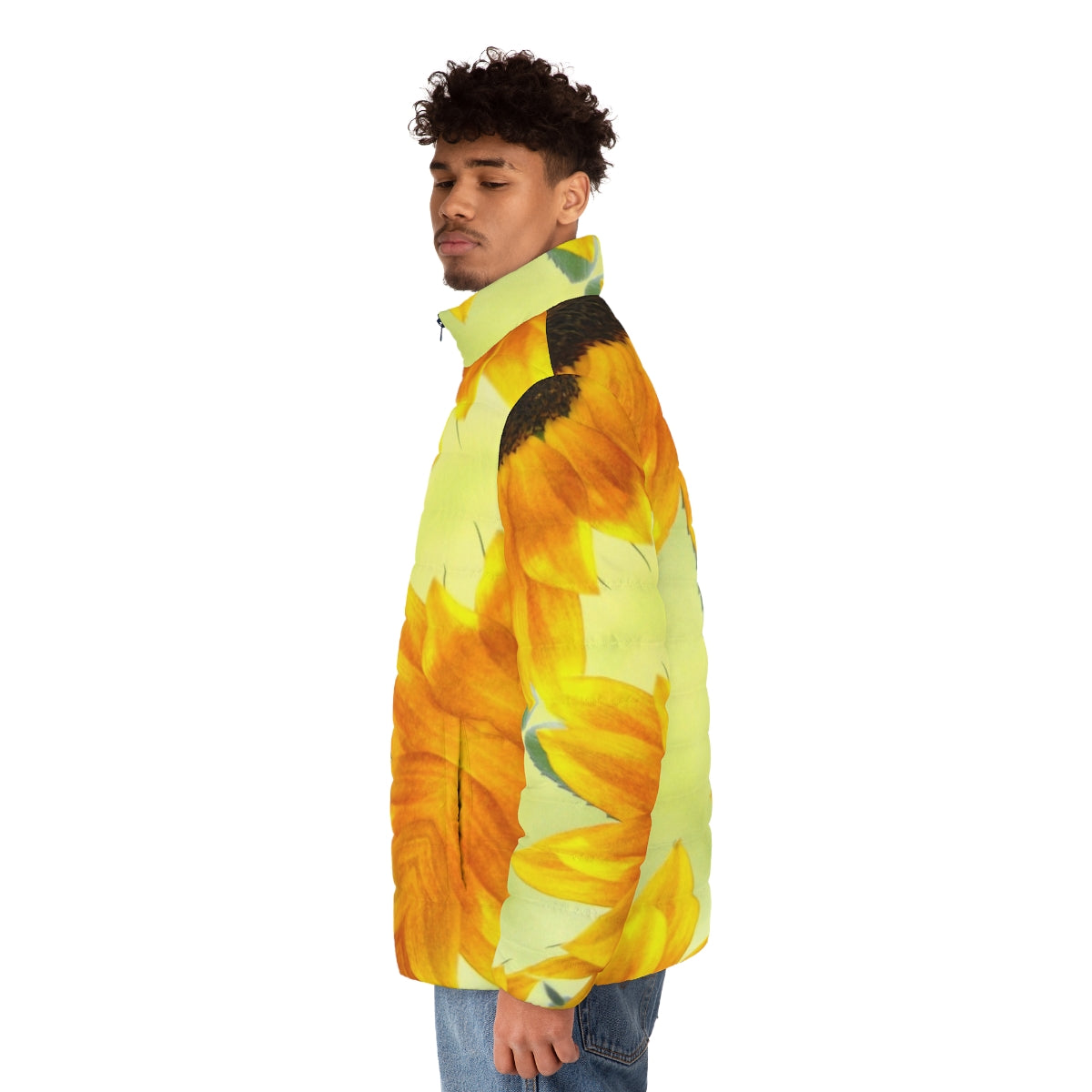 Sunflower patterned puffer jacket with yellow and black design - men side left