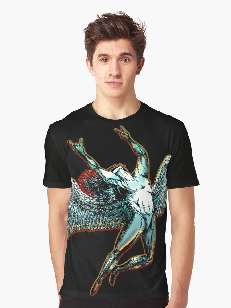 Graphic t-shirt design featuring Icarus from Greek mythology throwing the heavy metal 'horns' gesture against a dark, abstract background. - Men