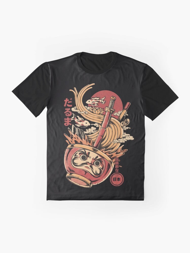 Daruma's Ramen Graphic T-Shirt featuring a Japanese inspired design with a Daruma doll and ramen noodles - Flat lay