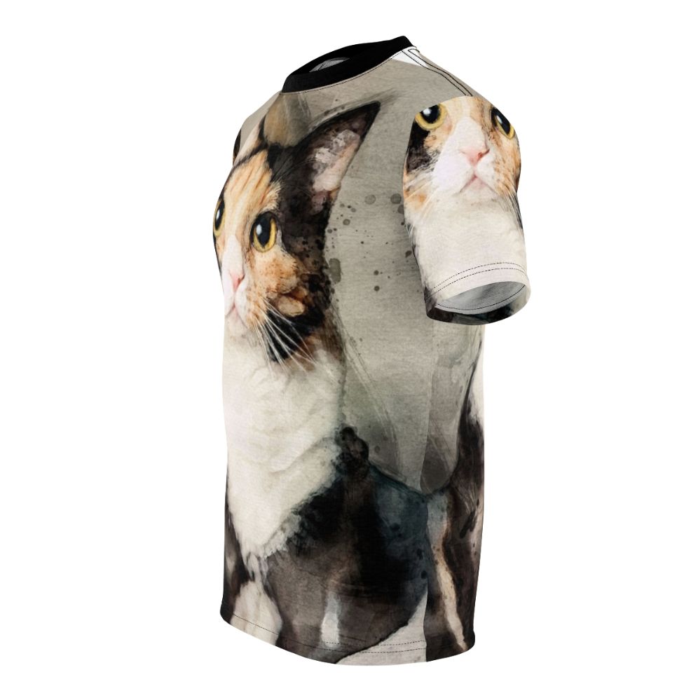 Watercolor painting of a calico cat on a t-shirt - men left