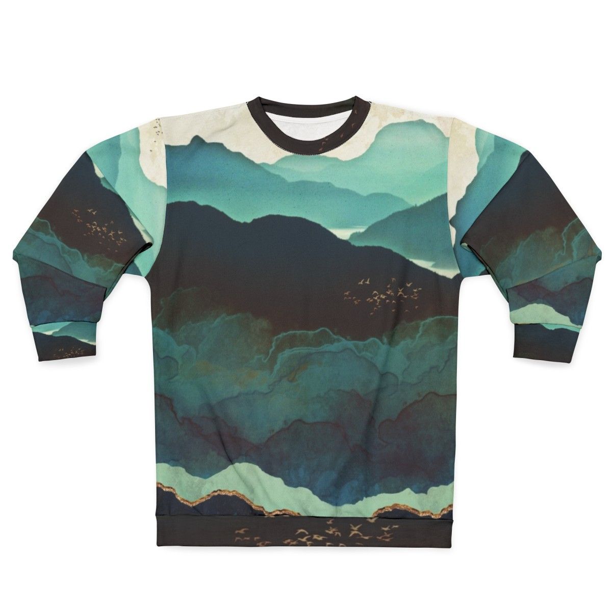 Indigo Mountains Sweatshirt with Serene Nature Landscape Graphic