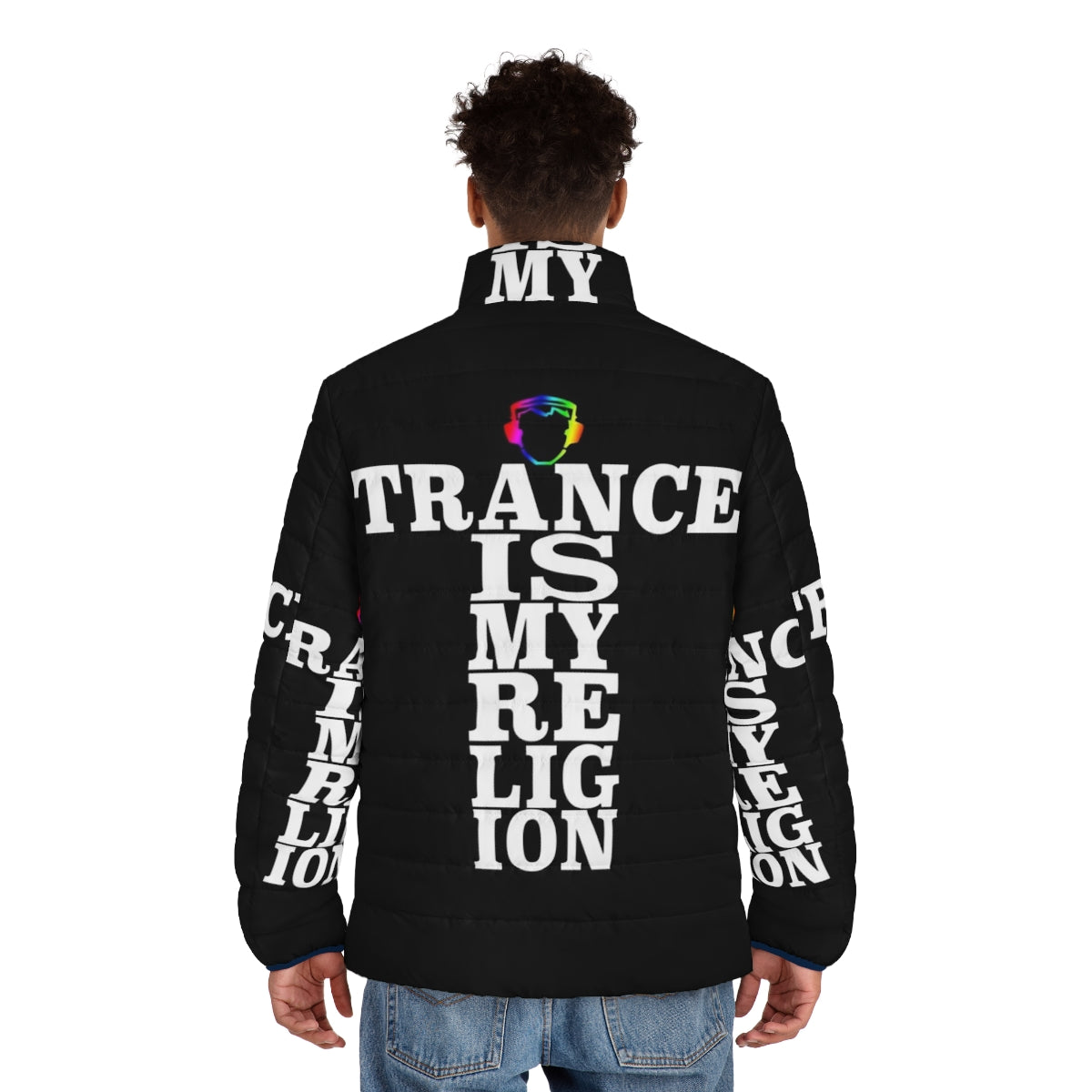 Trance Is My Religion Puffer Jacket featuring electronic dance music symbols and artists - men back