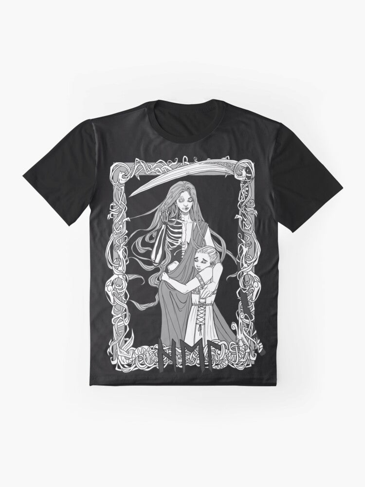 Hel, the Norse goddess of the underworld, depicted on a black graphic t-shirt - Flat lay